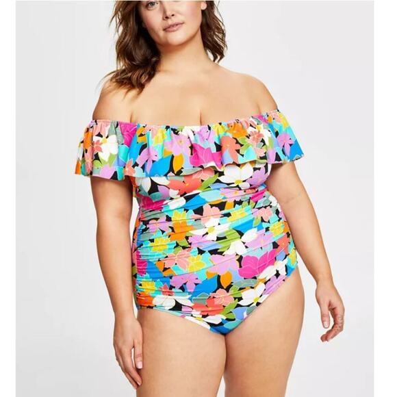Swim Solutions Women's Multi Off-The-Shoulder Ruffled Swimsuit Size 20W - Picture 1 of 9